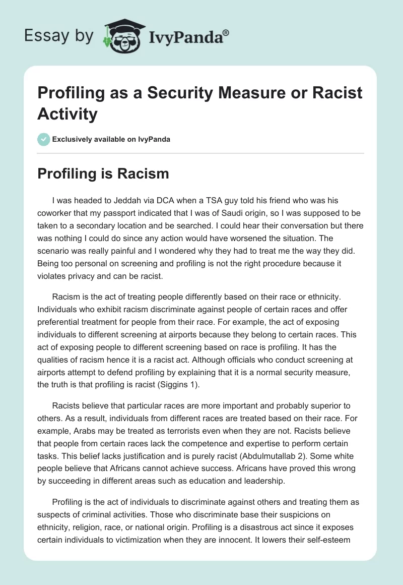 Profiling as a Security Measure or Racist Activity. Page 1