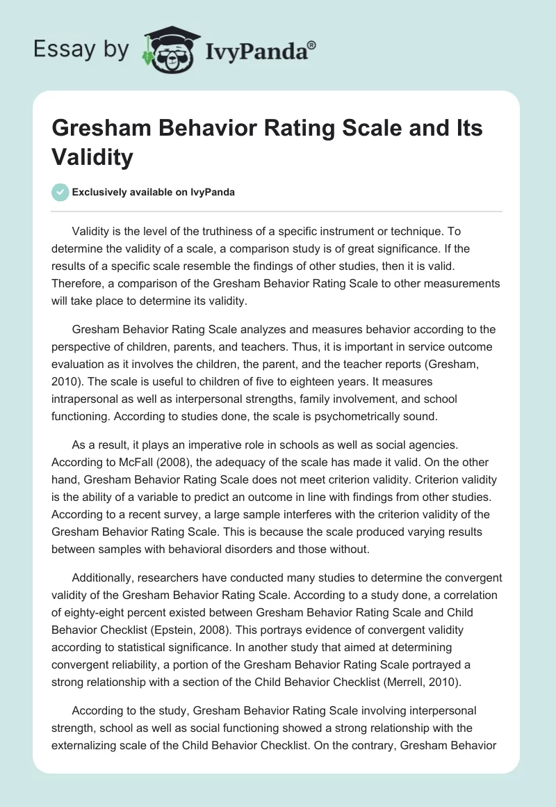 Gresham Behavior Rating Scale and Its Validity. Page 1