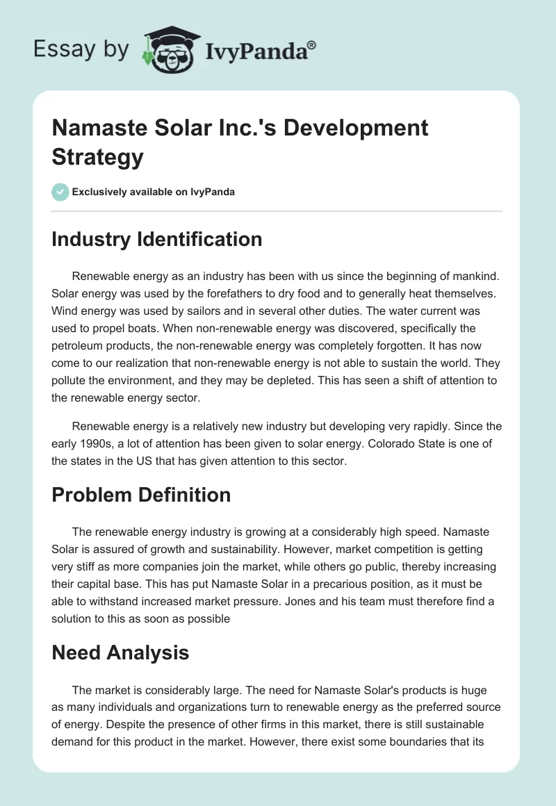 Namaste Solar Inc.'s Development Strategy. Page 1