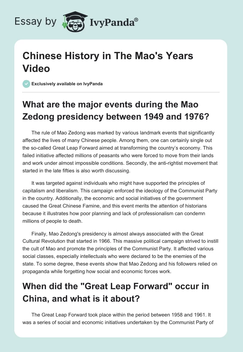 Chinese History in "The Mao's Years" Video. Page 1