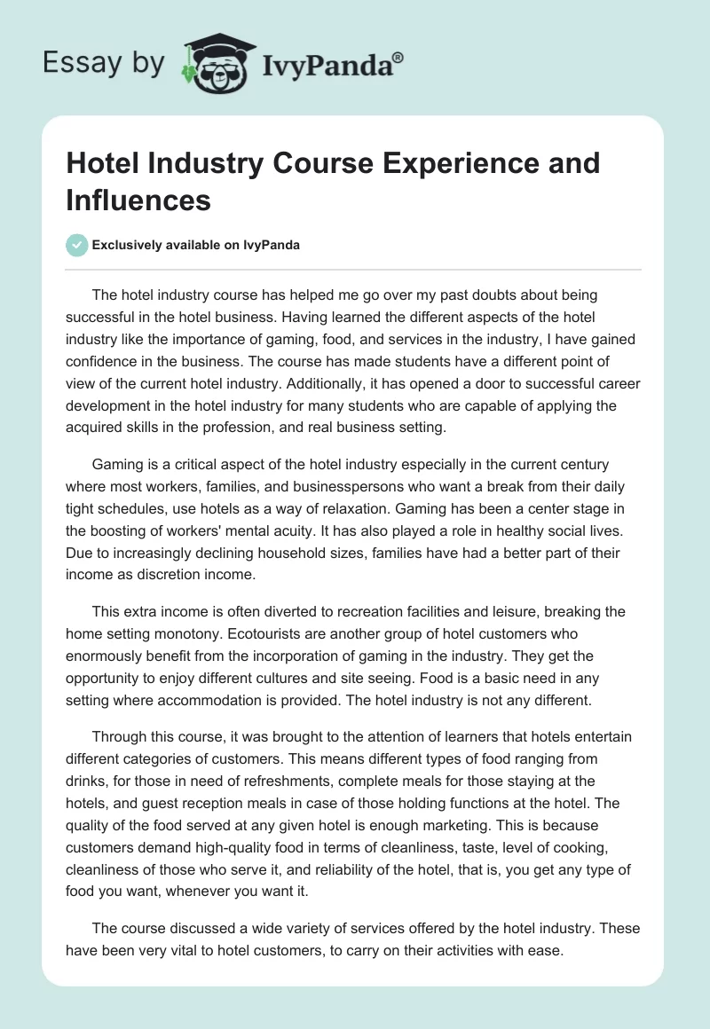 Hotel Industry Course Experience and Influences. Page 1