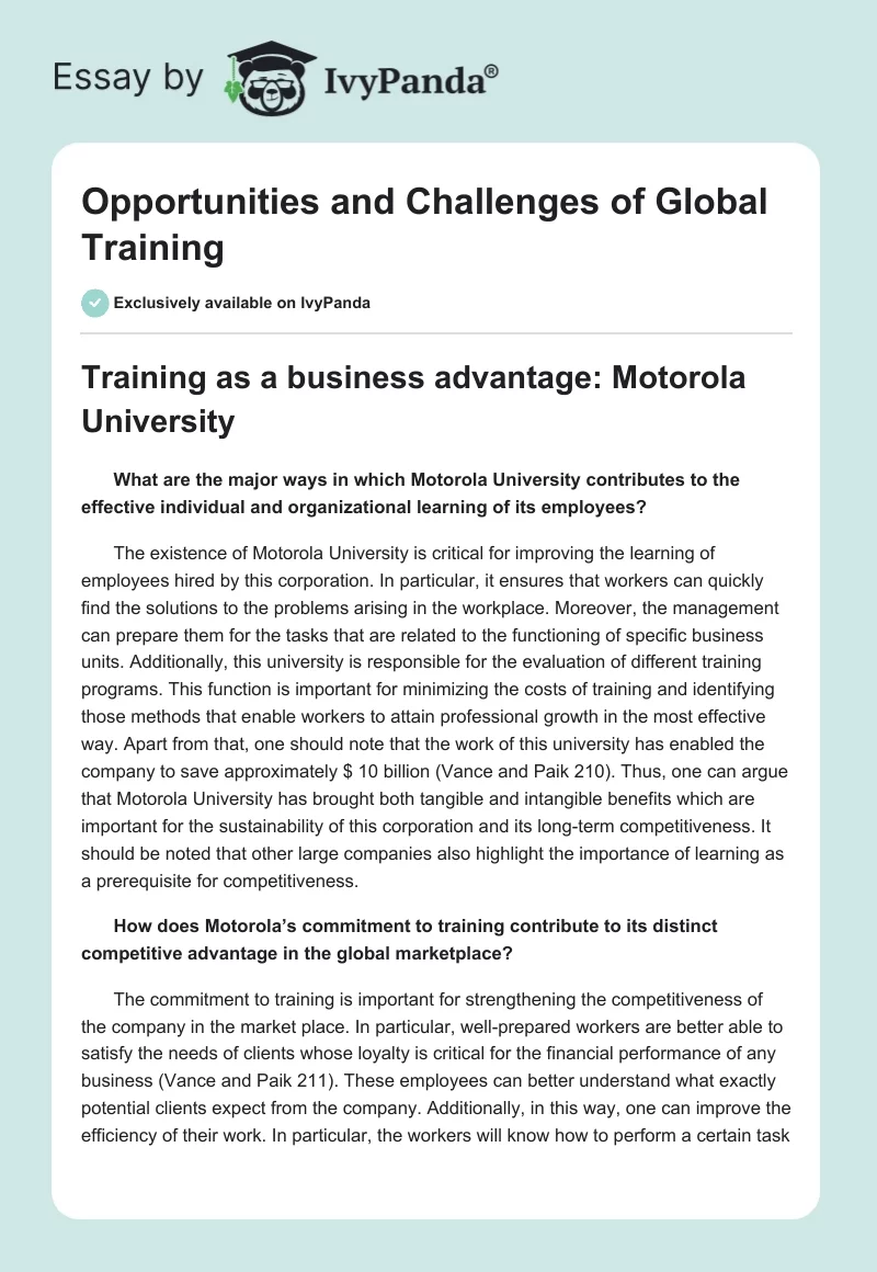 Opportunities and Challenges of Global Training. Page 1
