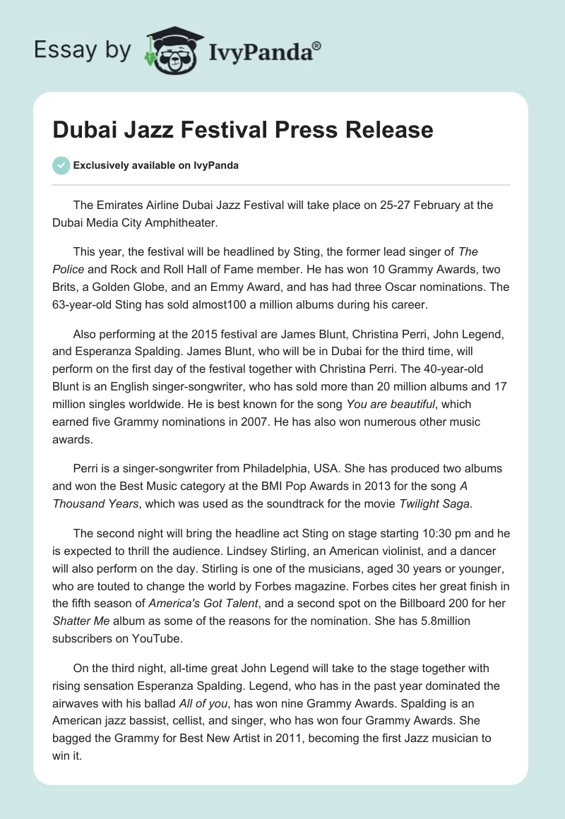 Dubai Jazz Festival Press Release. Page 1