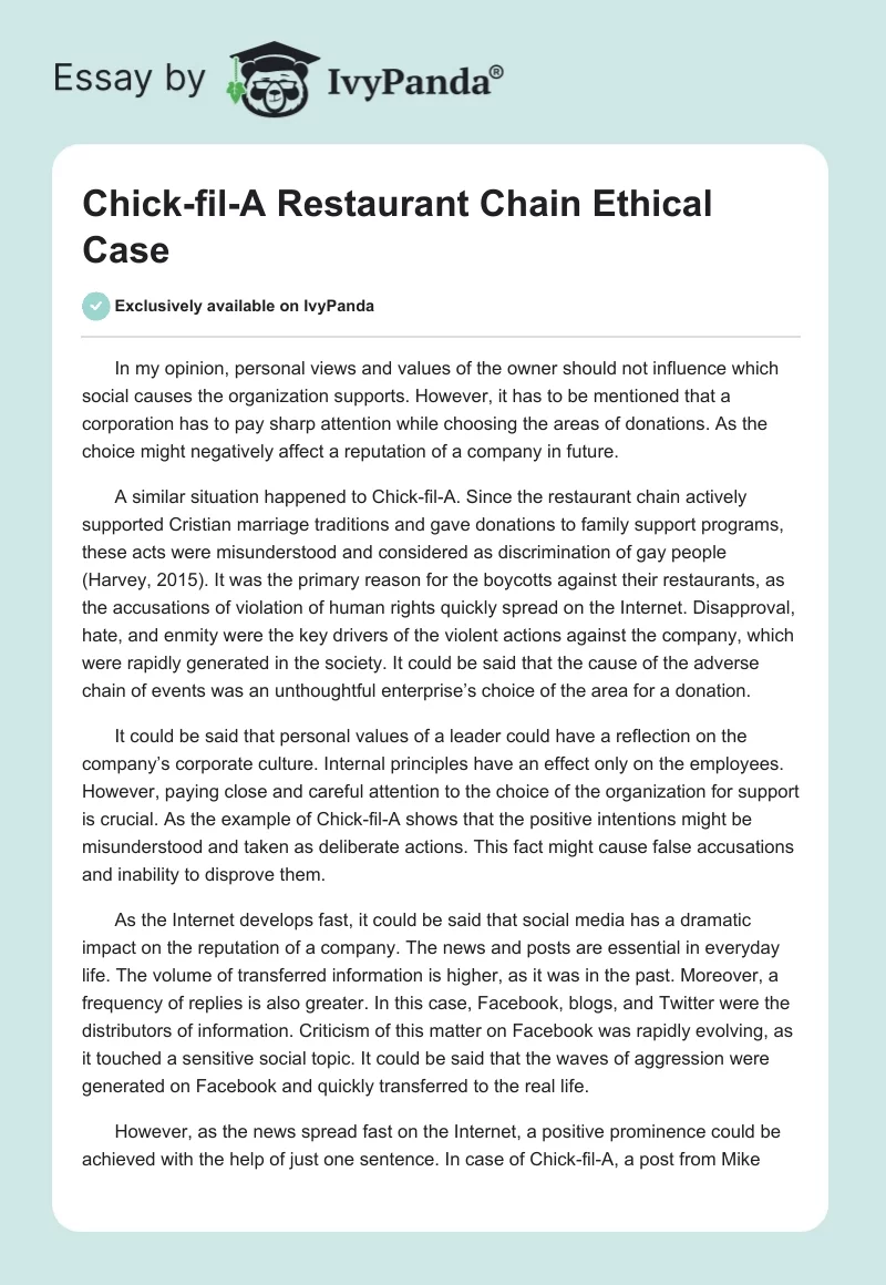 Chick-fil-A Restaurant Chain Ethical Case. Page 1