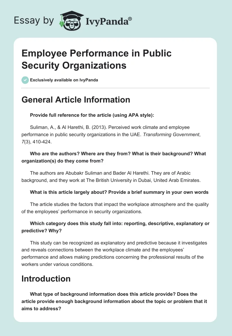 Employee Performance in Public Security Organizations. Page 1
