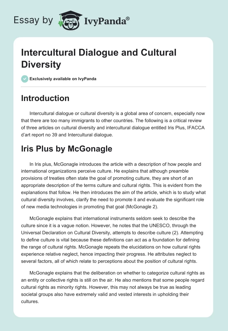 Intercultural Dialogue and Cultural Diversity. Page 1