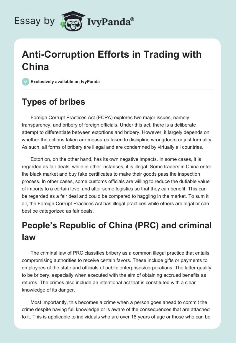 Anti-Corruption Efforts in Trading With China. Page 1