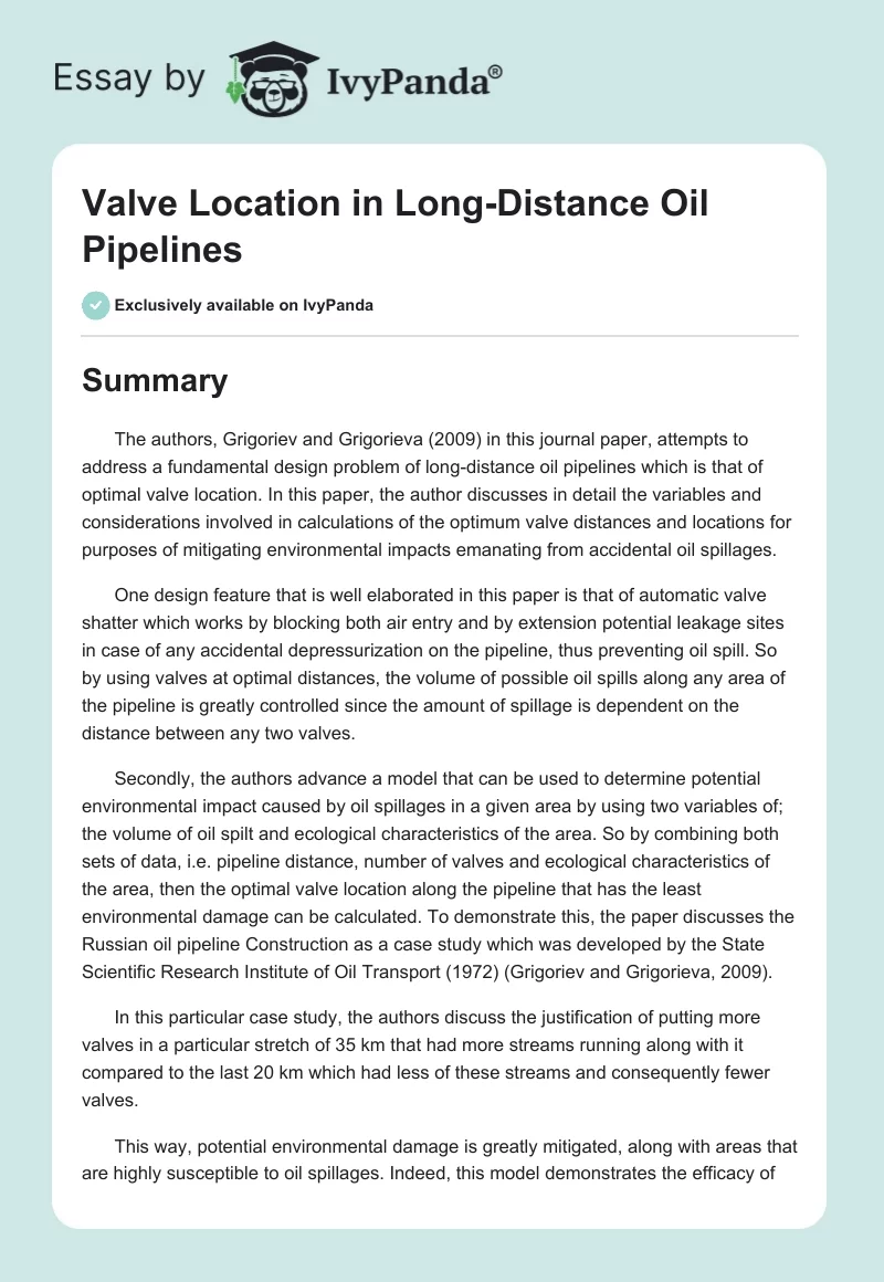 Valve Location in Long-Distance Oil Pipelines. Page 1
