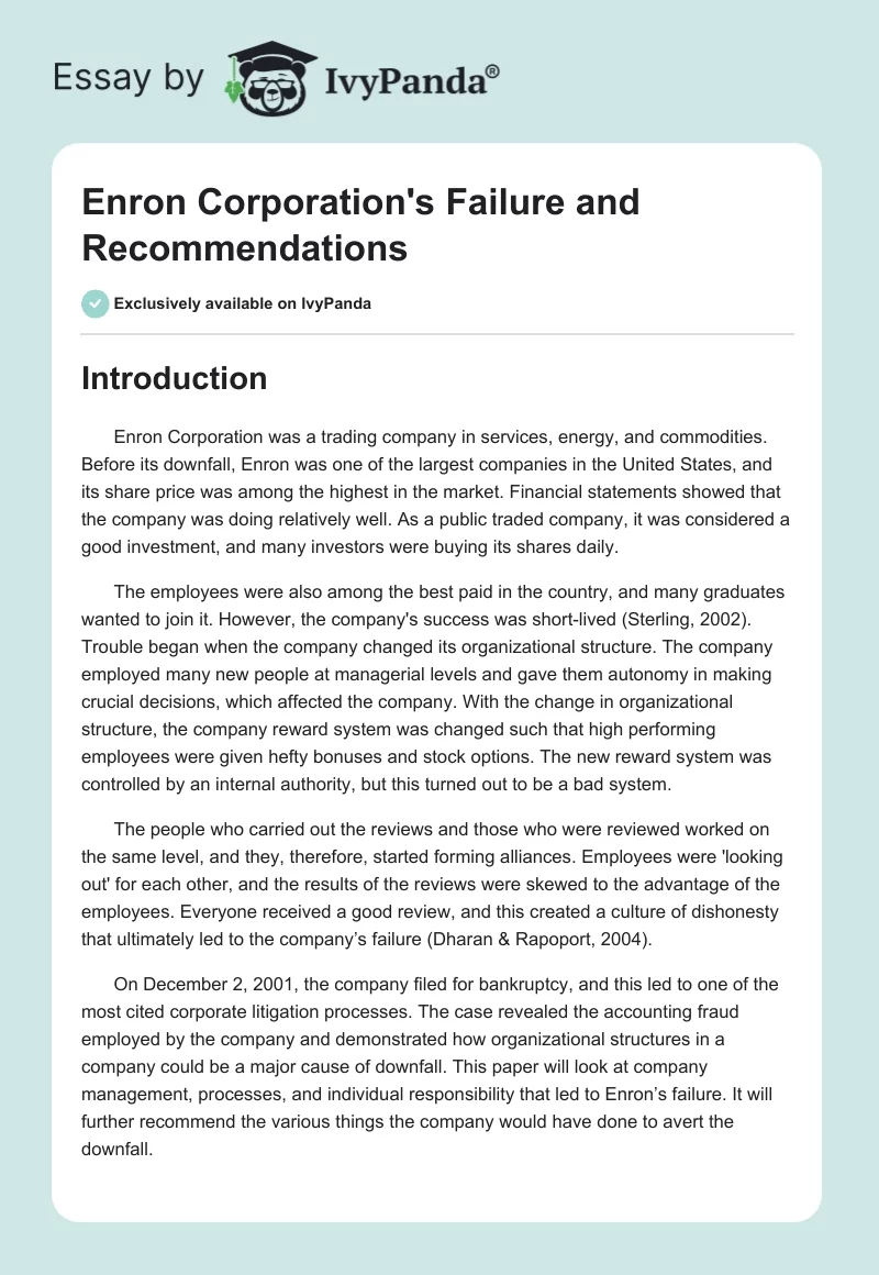 Enron Corporation's Failure and Recommendations. Page 1