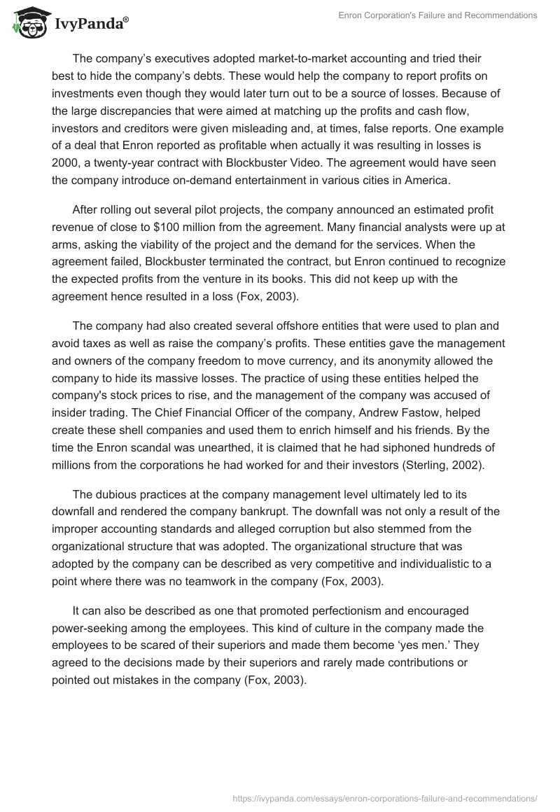 Enron Corporation's Failure and Recommendations. Page 3