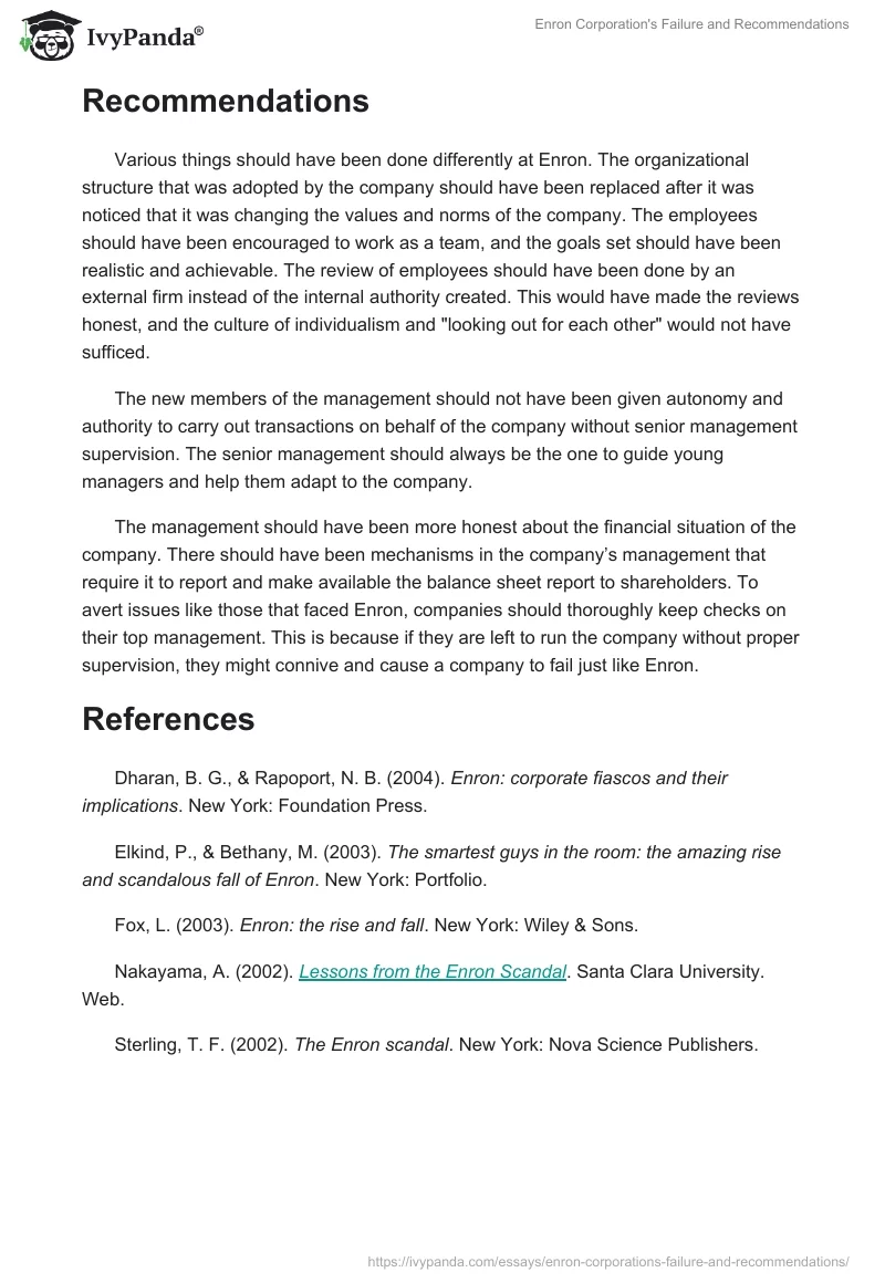 Enron Corporation's Failure and Recommendations. Page 4