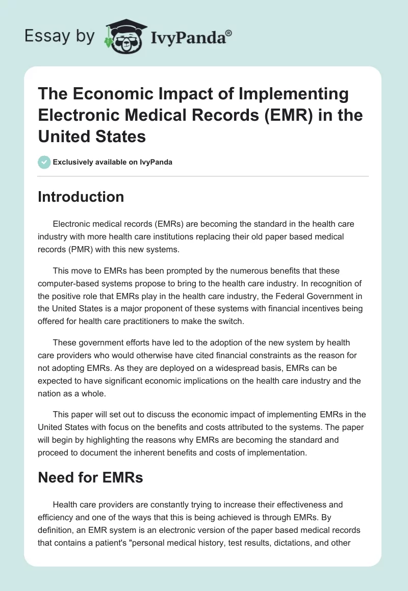 The Economic Impact of Implementing Electronic Medical Records (EMR) in the United States. Page 1