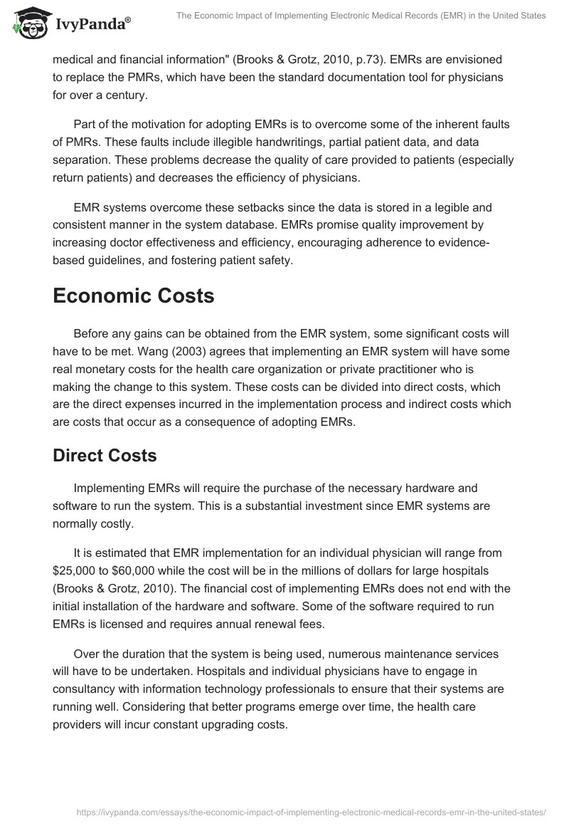 The Economic Impact of Implementing Electronic Medical Records (EMR) in the United States. Page 2