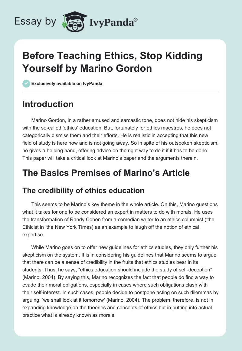 "Before Teaching Ethics, Stop Kidding Yourself" by Marino Gordon. Page 1
