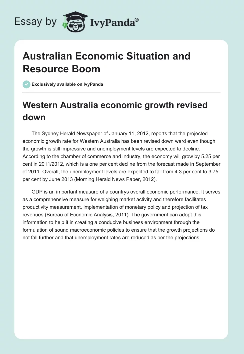 Australian Economic Situation and Resource Boom. Page 1