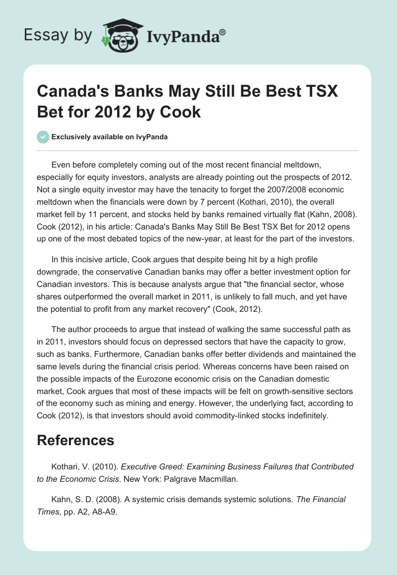 "Canada's Banks May Still Be Best TSX Bet for 2012" by Cook. Page 1