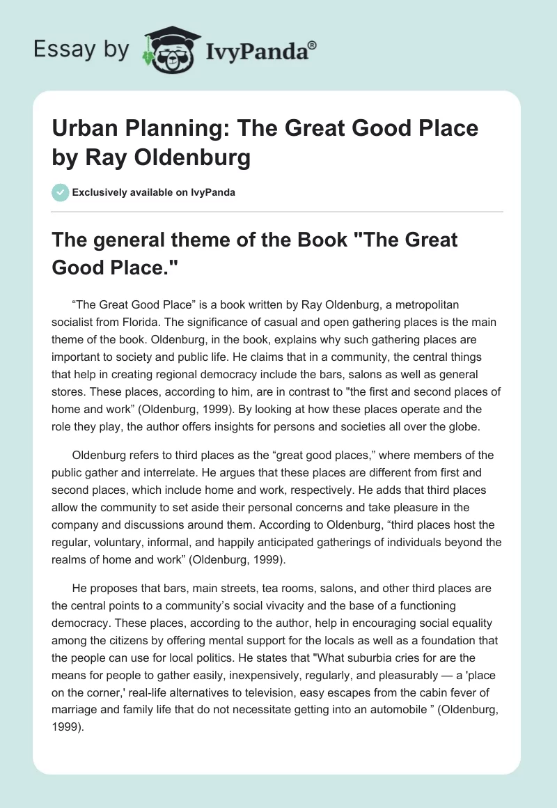 Urban Planning: "The Great Good Place" by Ray Oldenburg. Page 1