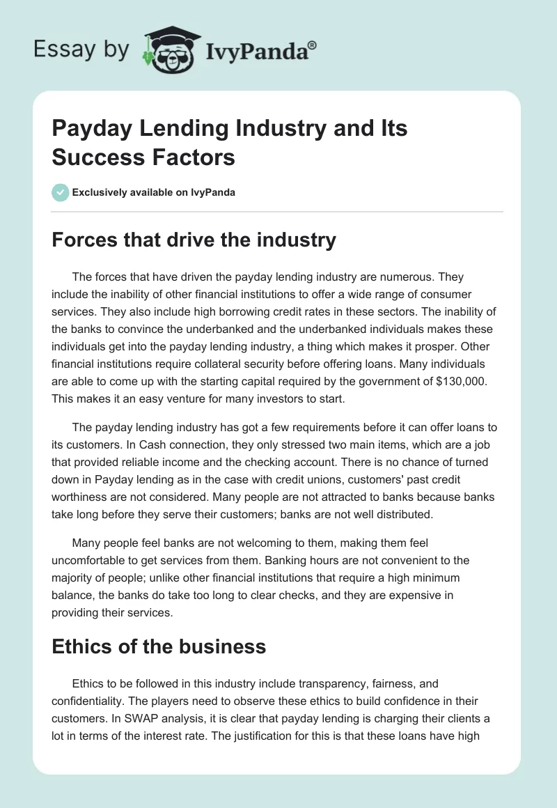 Payday Lending Industry and Its Success Factors. Page 1