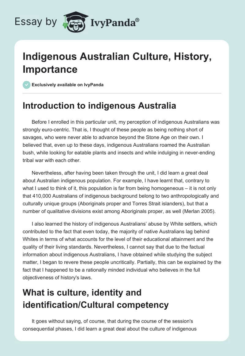 Indigenous Australian Culture, History, Importance. Page 1