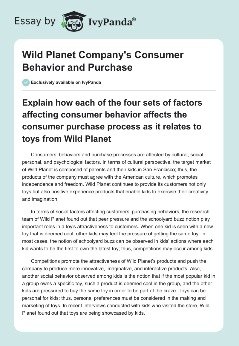 Wild Planet Company's Consumer Behavior and Purchase. Page 1