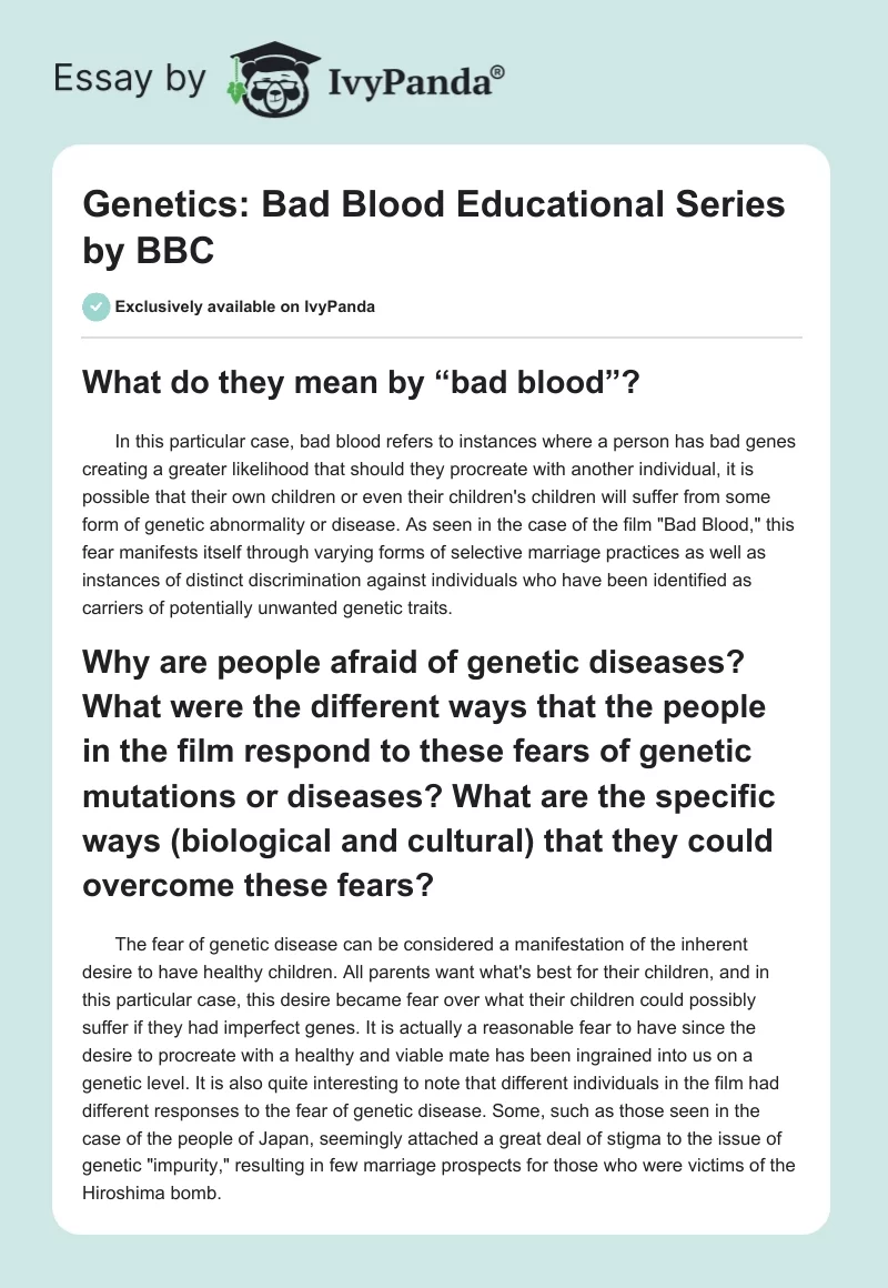 Genetics: "Bad Blood" Educational Series by BBC. Page 1