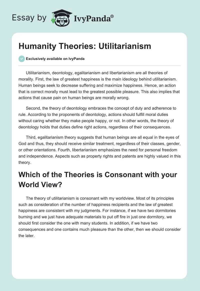 Humanity Theories: Utilitarianism. Page 1