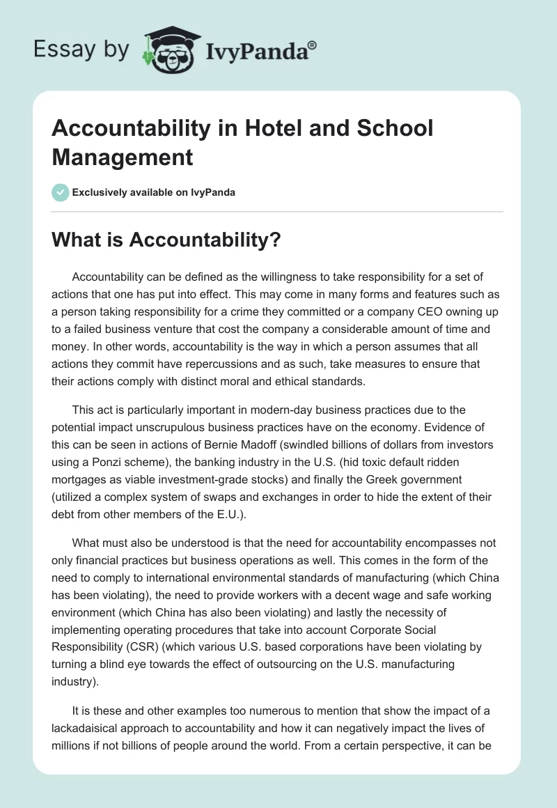 Accountability in Hotel and School Management. Page 1