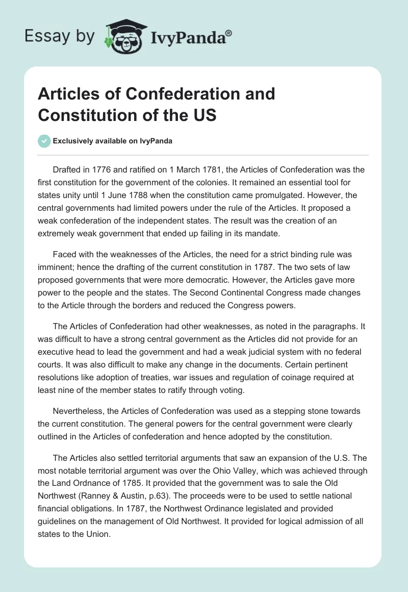 Articles of Confederation and Constitution of the US. Page 1