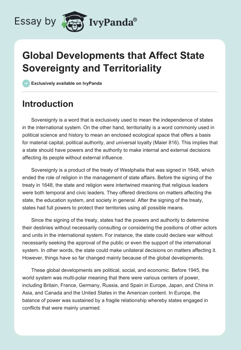 Global Developments that Affect State Sovereignty and Territoriality. Page 1