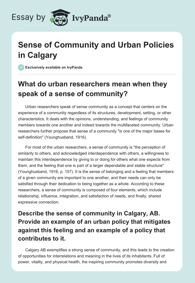 Sense of Community and Urban Policies in Calgary. Page 1