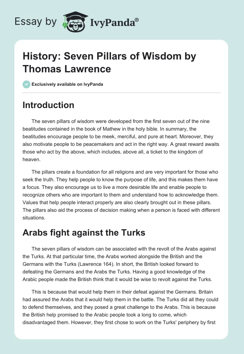History: "Seven Pillars of Wisdom" by Thomas Lawrence. Page 1