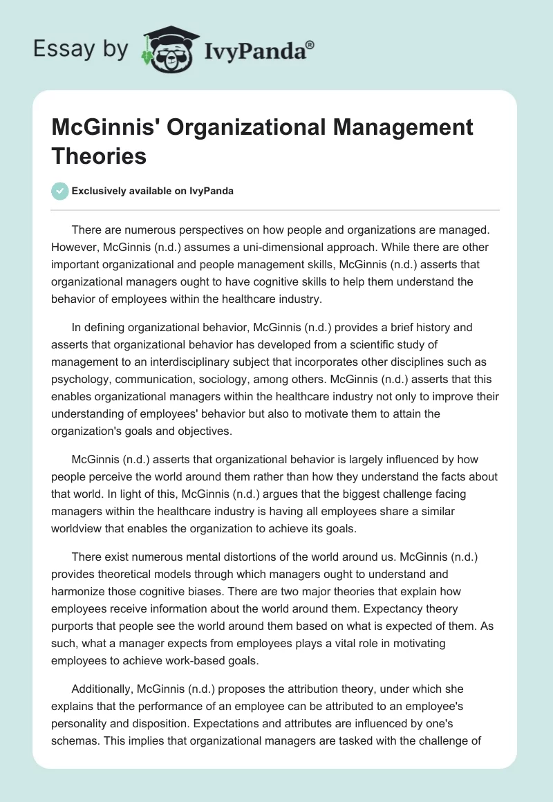 McGinnis' Organizational Management Theories. Page 1