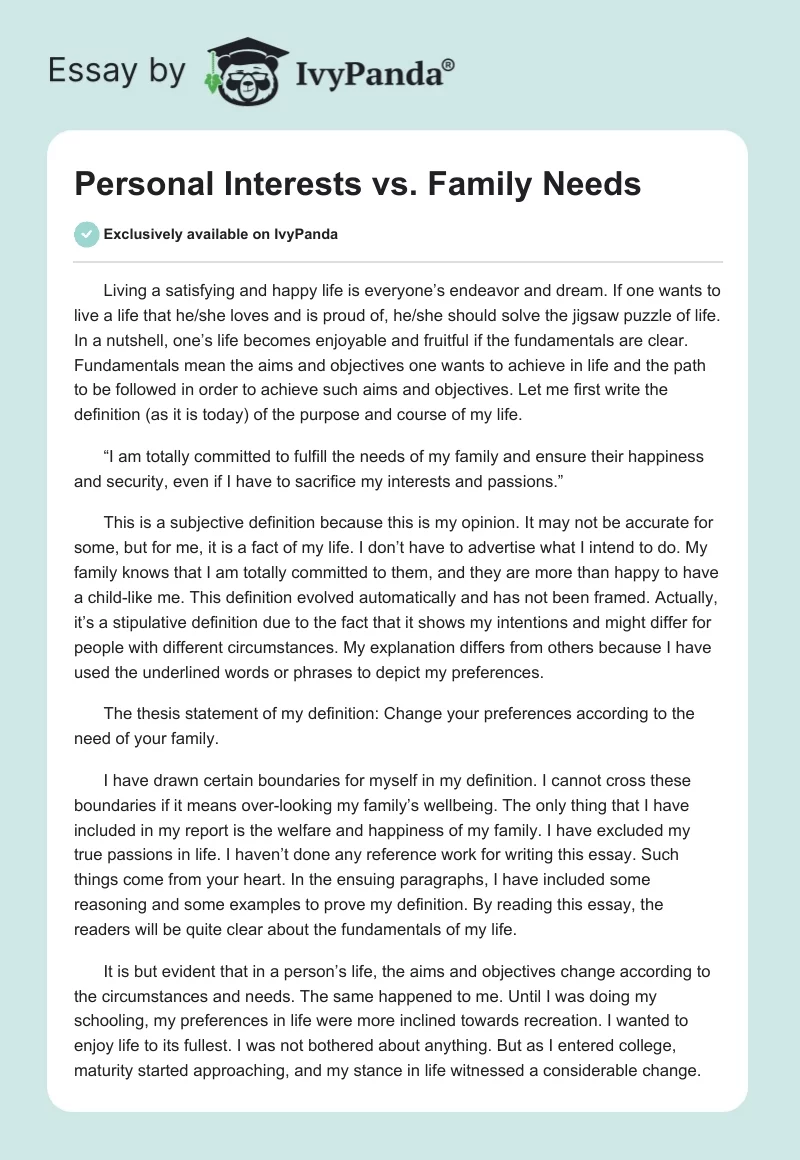 Personal Interests vs. Family Needs. Page 1