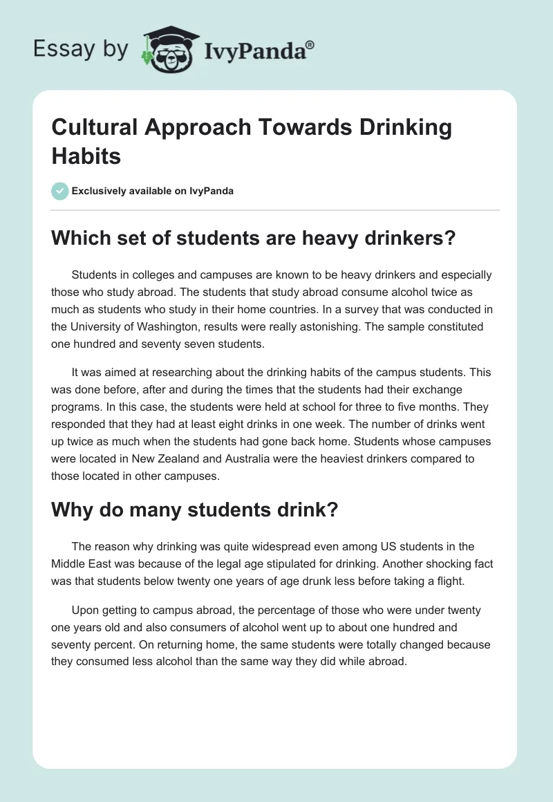 Cultural Approach Towards Drinking Habits. Page 1