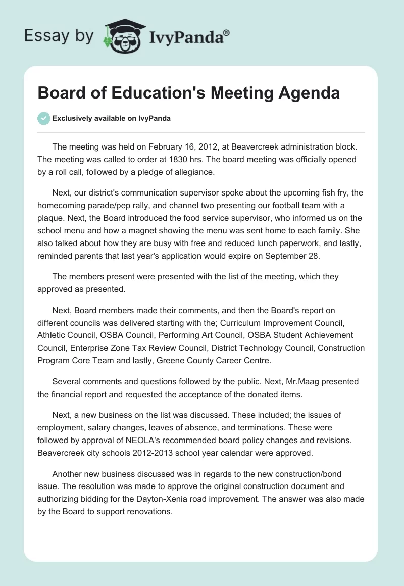 Board of Education's Meeting Agenda. Page 1