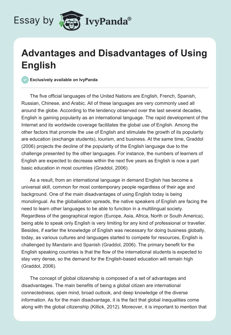 Advantages and Disadvantages of Using English. Page 1