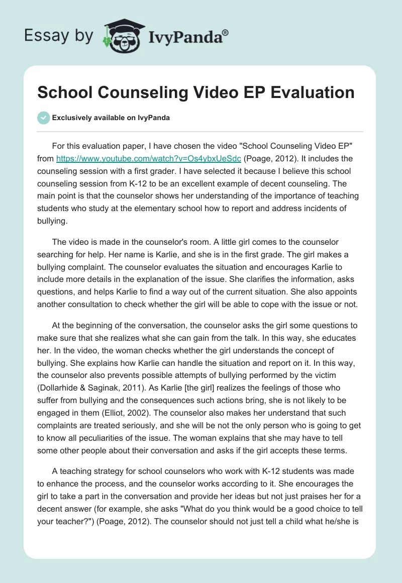 "School Counseling Video EP" Evaluation. Page 1