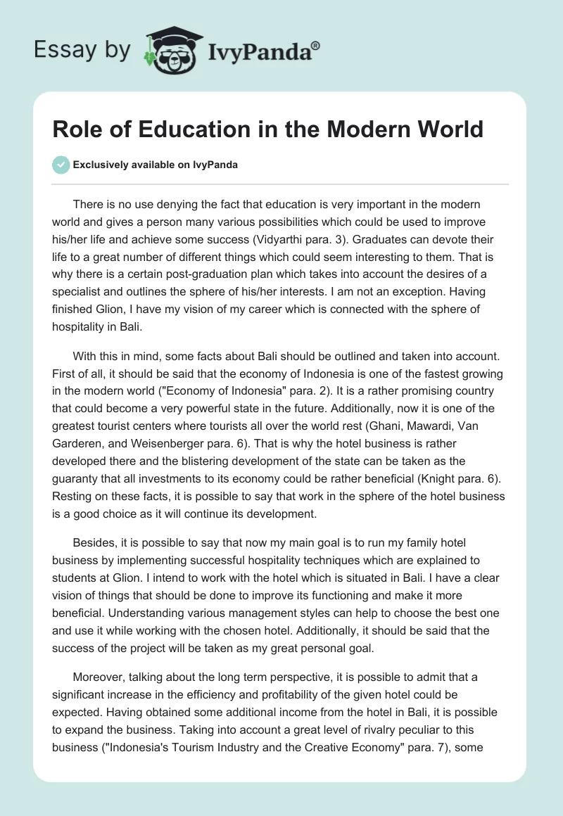 Role of Education in the Modern World. Page 1