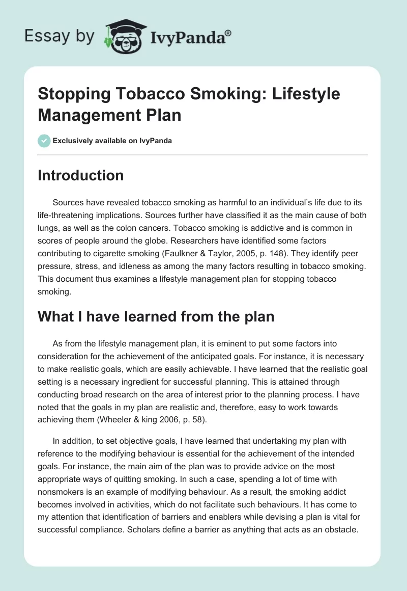 Stopping Tobacco Smoking: Lifestyle Management Plan. Page 1