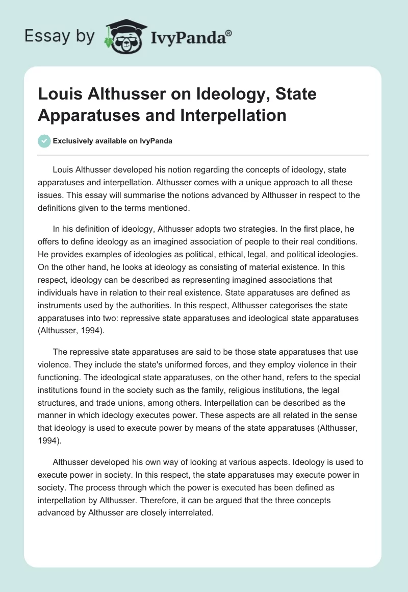 Louis Althusser on Ideology, State Apparatuses and Interpellation. Page 1