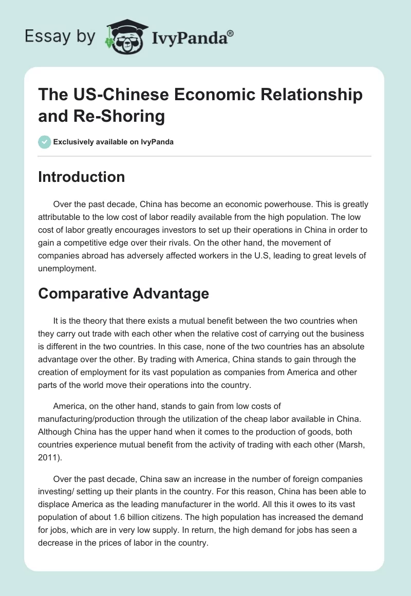The US-Chinese Economic Relationship and Re-Shoring. Page 1
