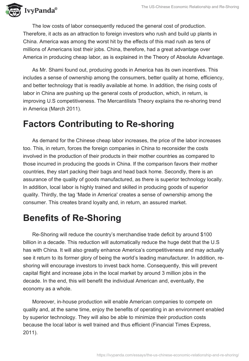 The US-Chinese Economic Relationship and Re-Shoring. Page 2