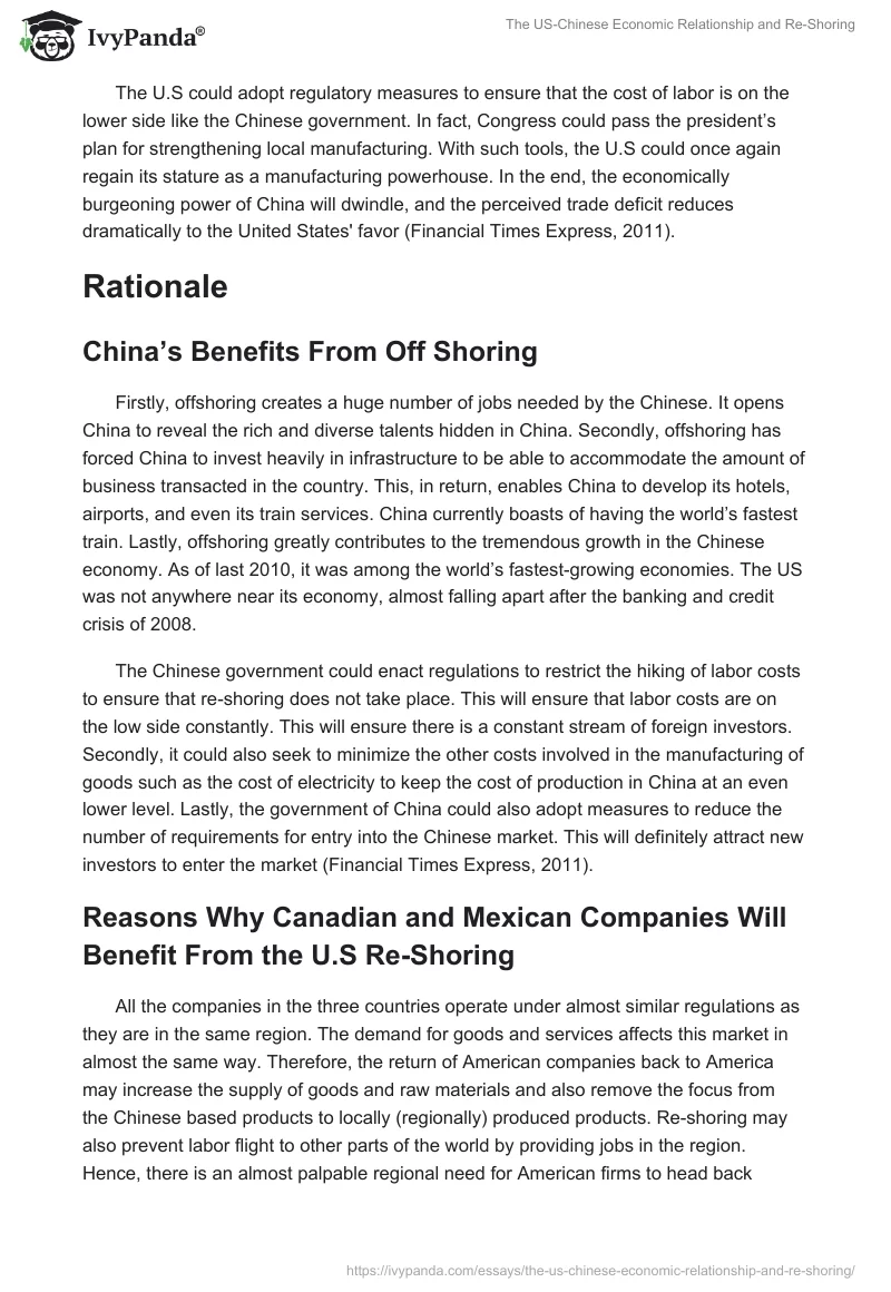 The US-Chinese Economic Relationship and Re-Shoring. Page 3