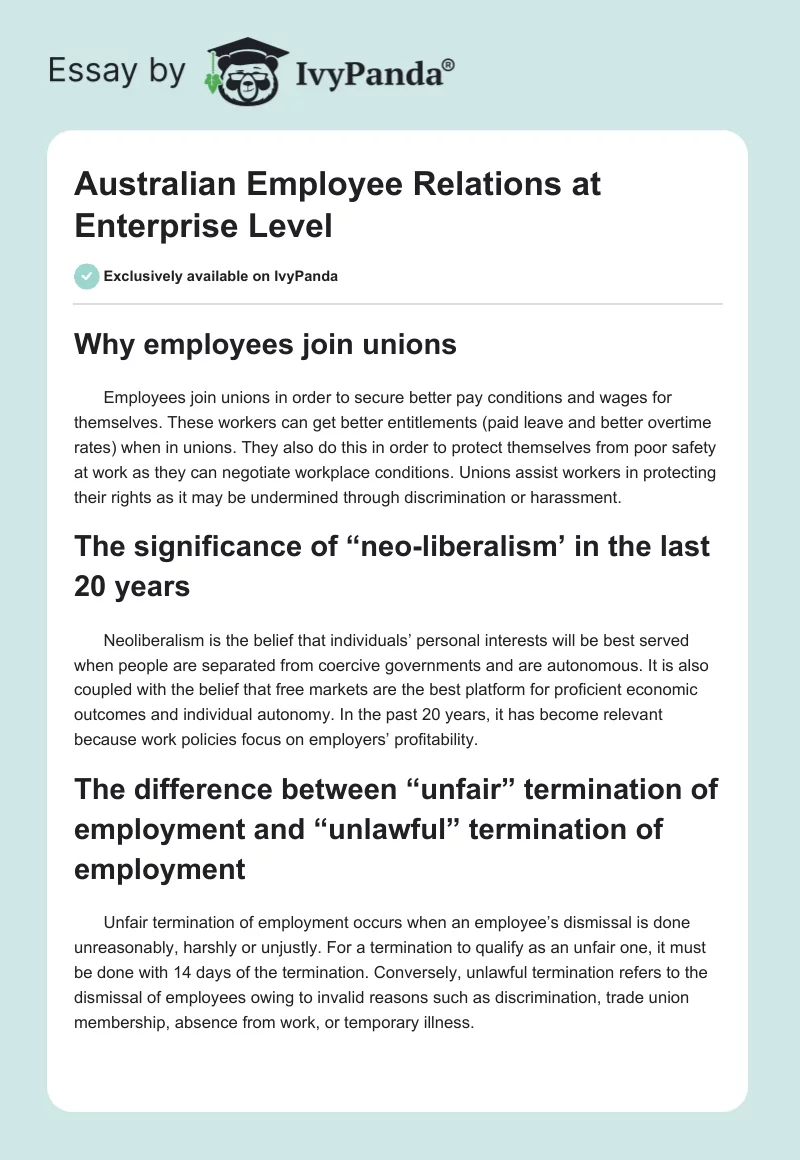 Australian Employee Relations at Enterprise Level. Page 1
