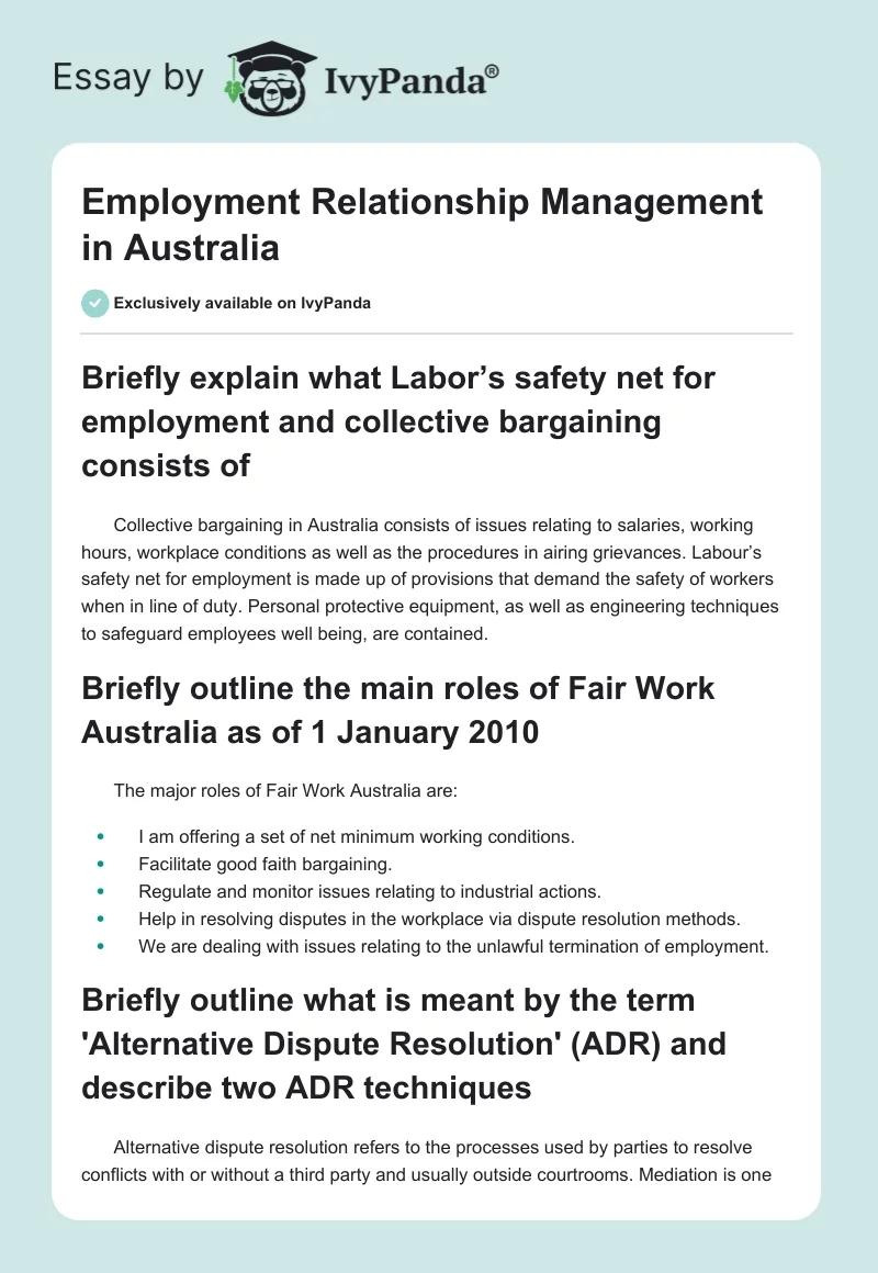 Employment Relationship Management in Australia. Page 1