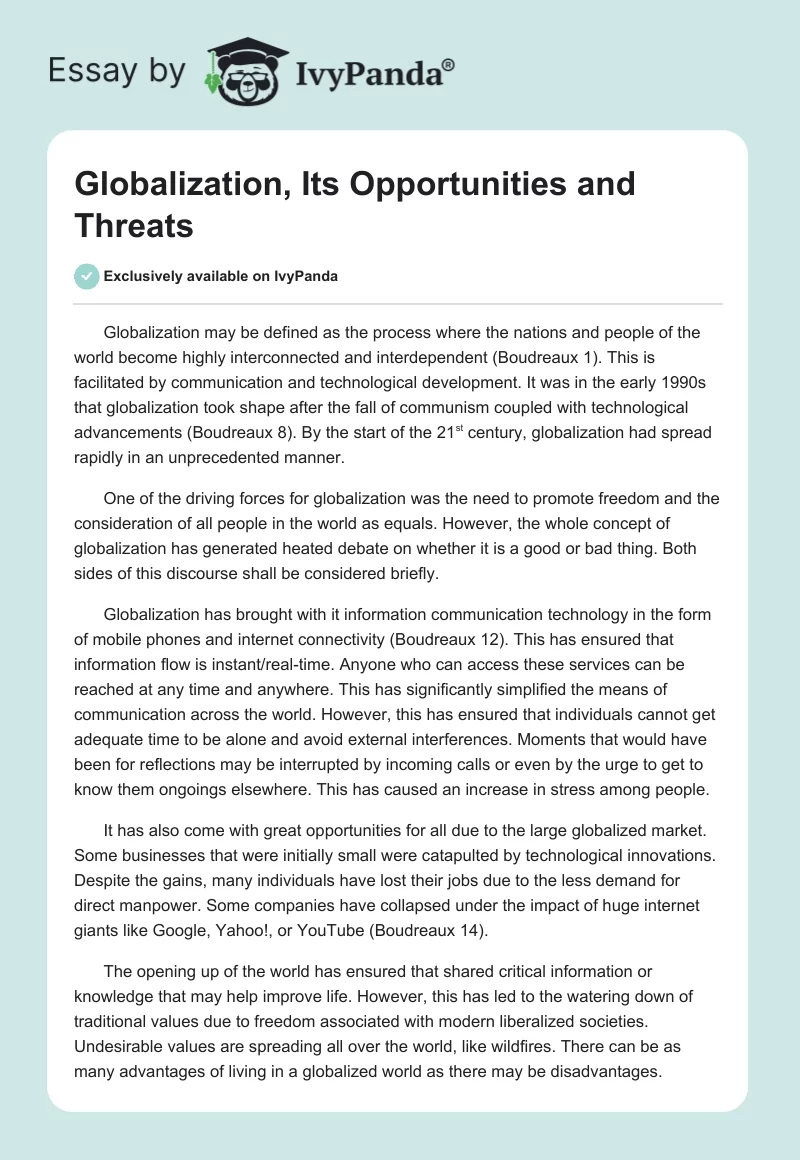 Globalization, Its Opportunities and Threats. Page 1
