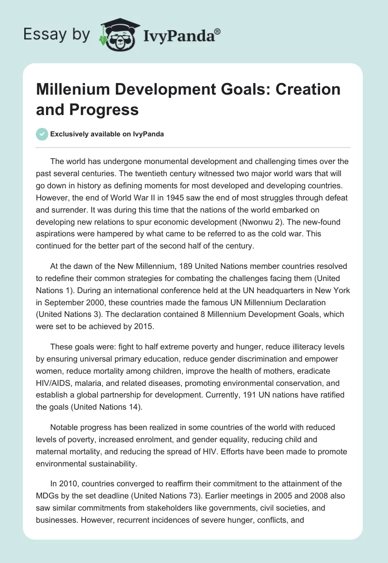 Millenium Development Goals: Creation and Progress. Page 1