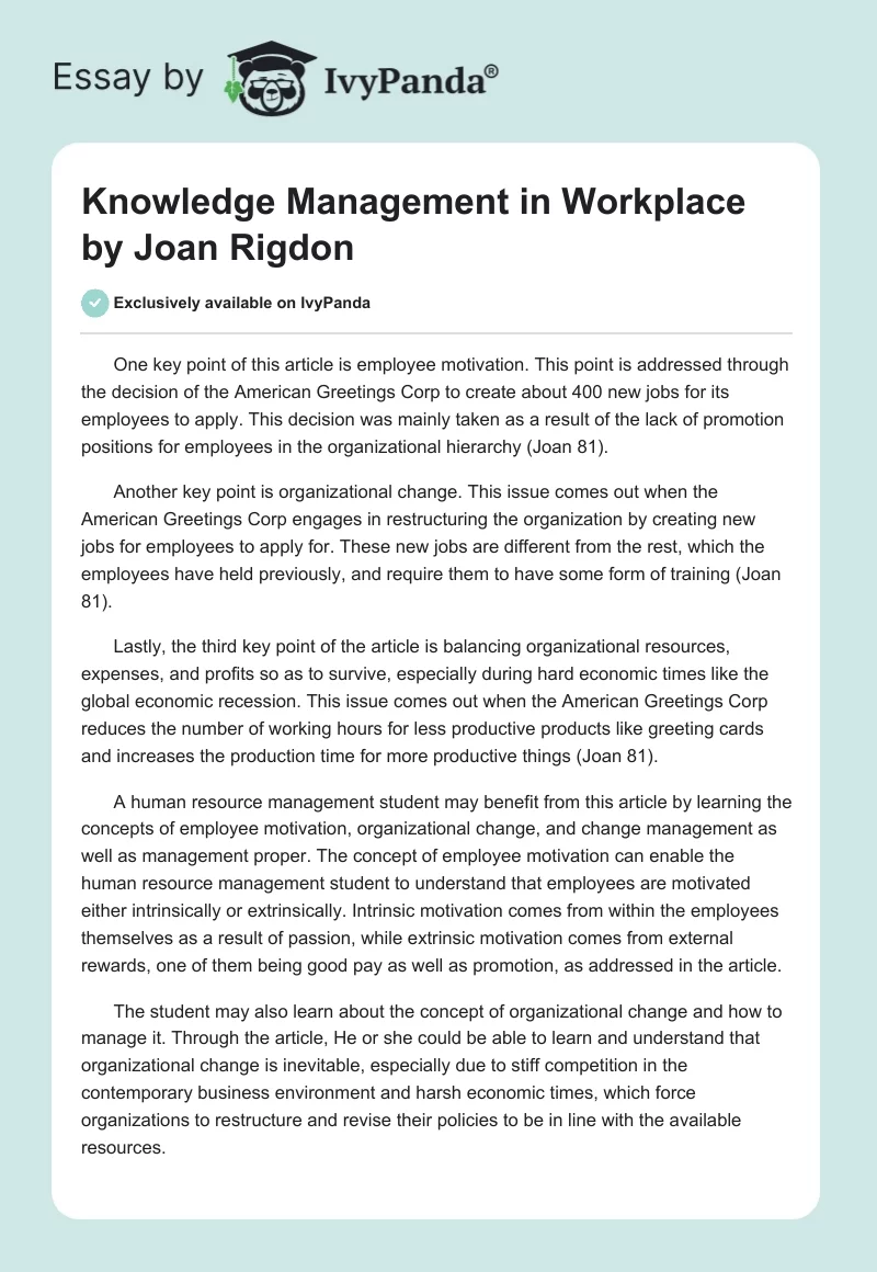 Knowledge Management in "Workplace" by Joan Rigdon. Page 1