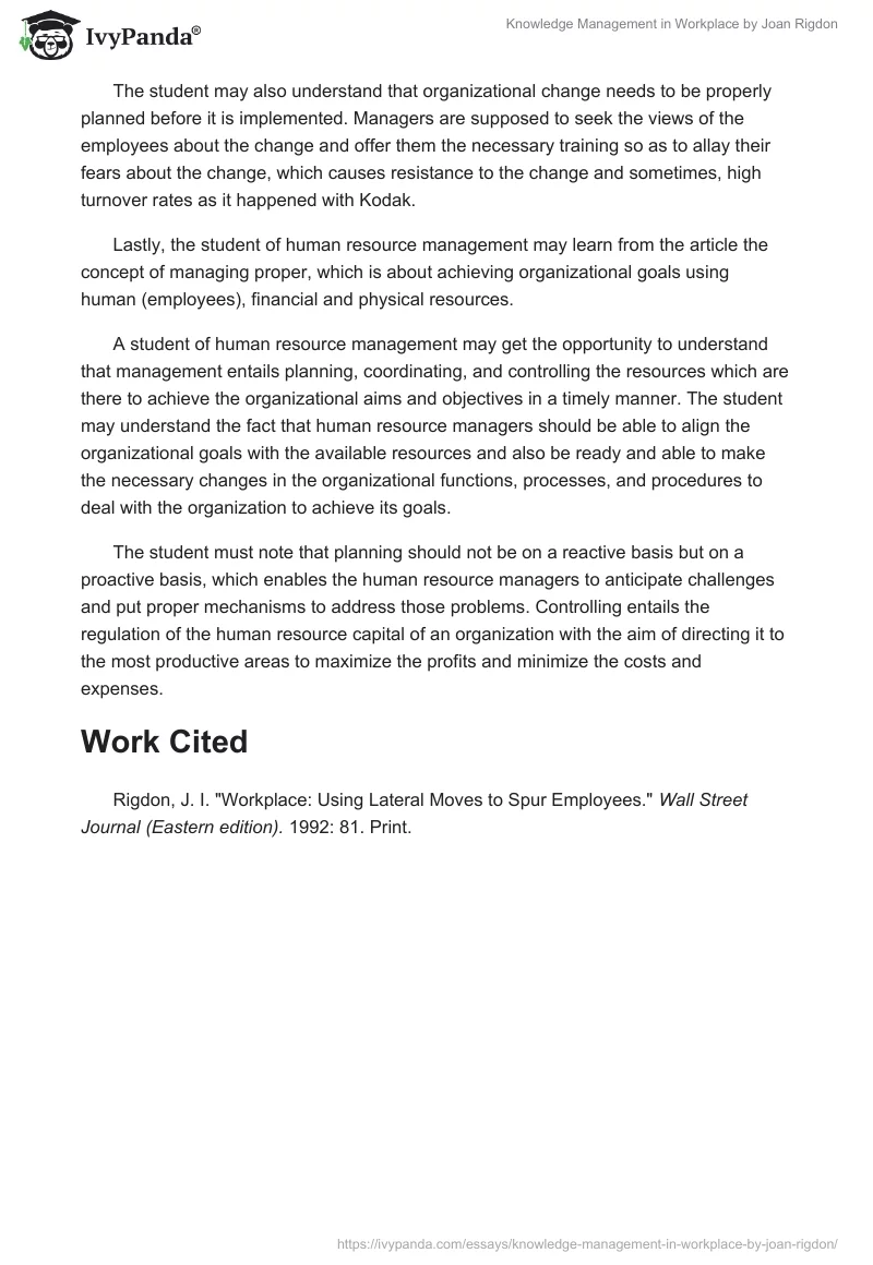 Knowledge Management in "Workplace" by Joan Rigdon. Page 2
