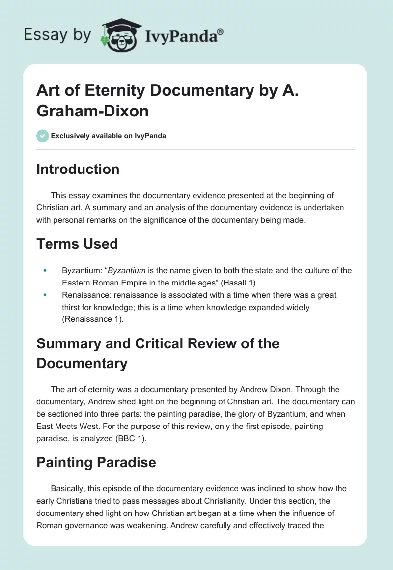 "Art of Eternity" Documentary by A. Graham-Dixon. Page 1